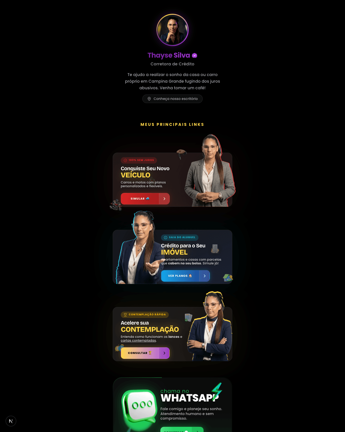 Captura real do site de link na bio da corretora de crédito Thayse Silva