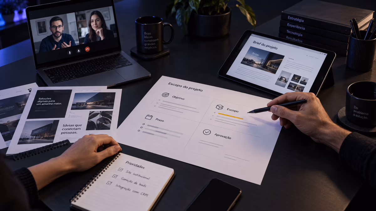 Reunião de diagnóstico com briefing, referências visuais e escopo sendo organizado em uma mesa de trabalho.