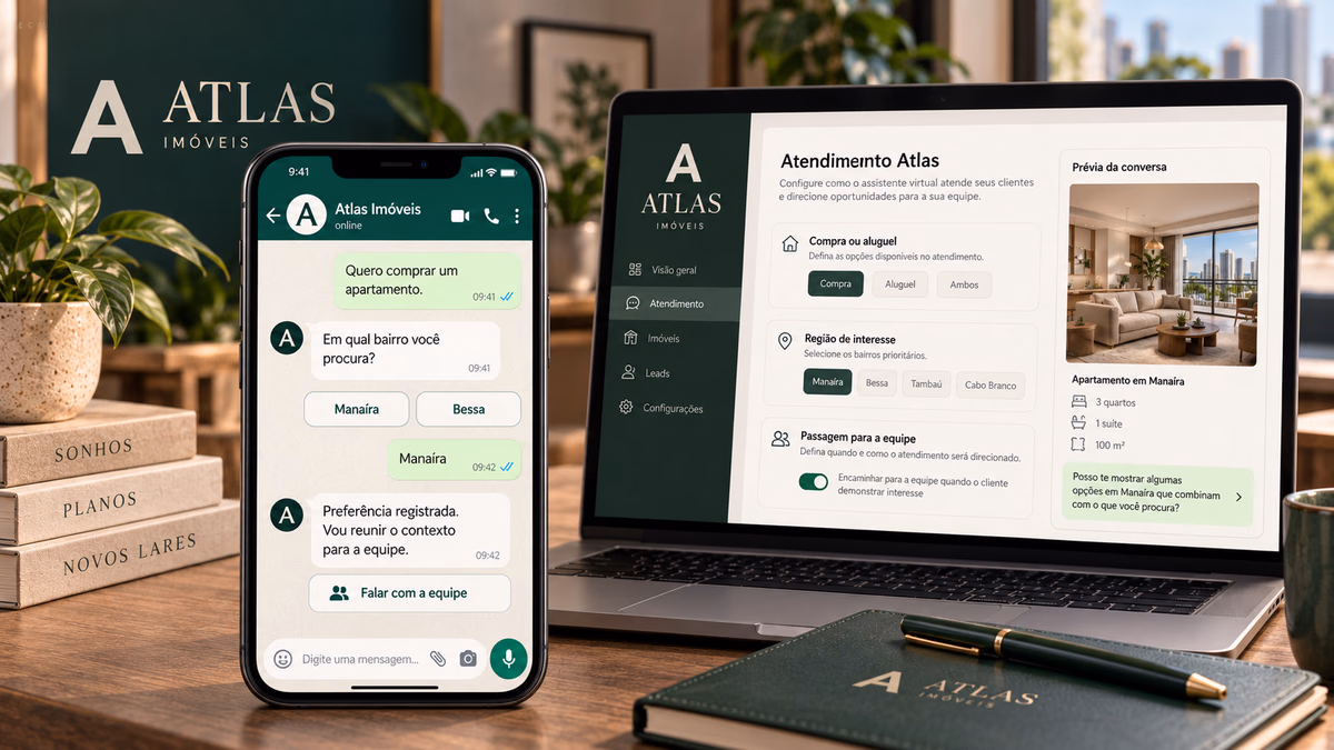 Arte do atendimento Atlas com conversa no WhatsApp e configuração do assistente no notebook.
