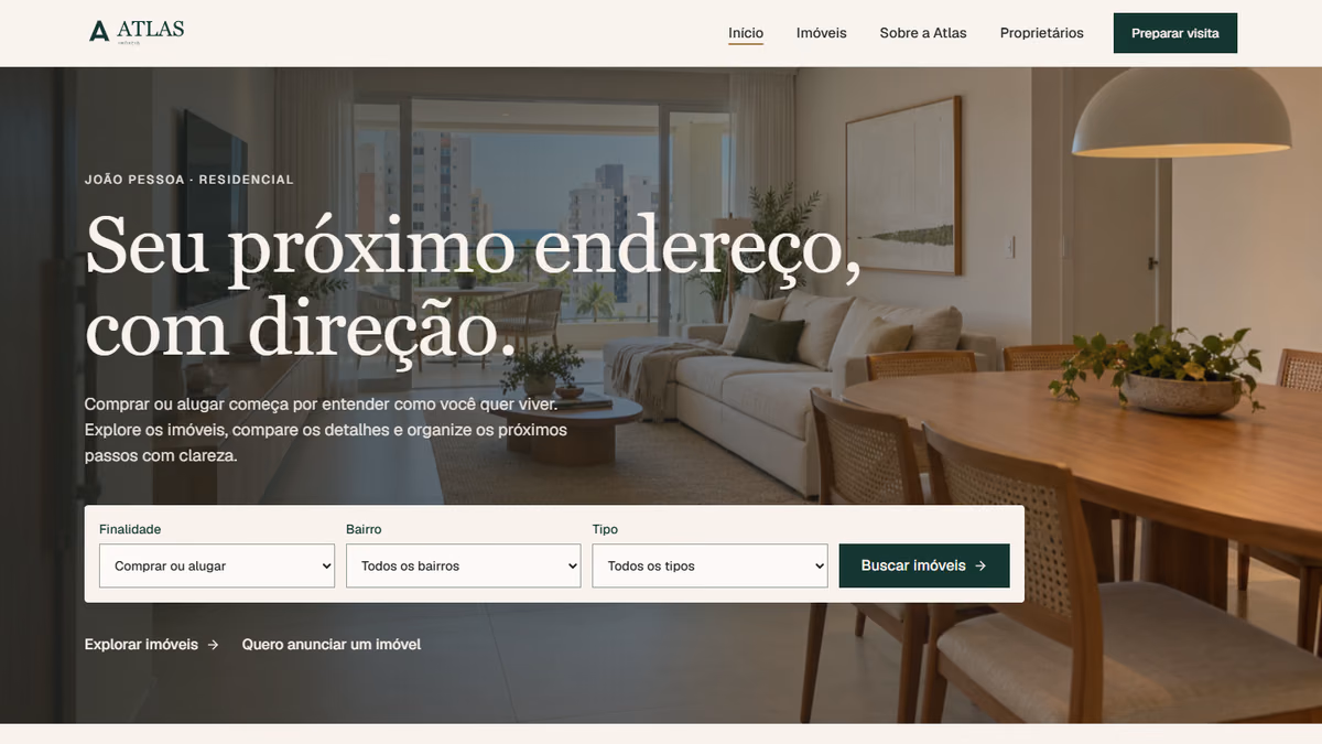 Página inicial publicada da Atlas Imóveis, com fotografia residencial e busca por finalidade, bairro e tipo.