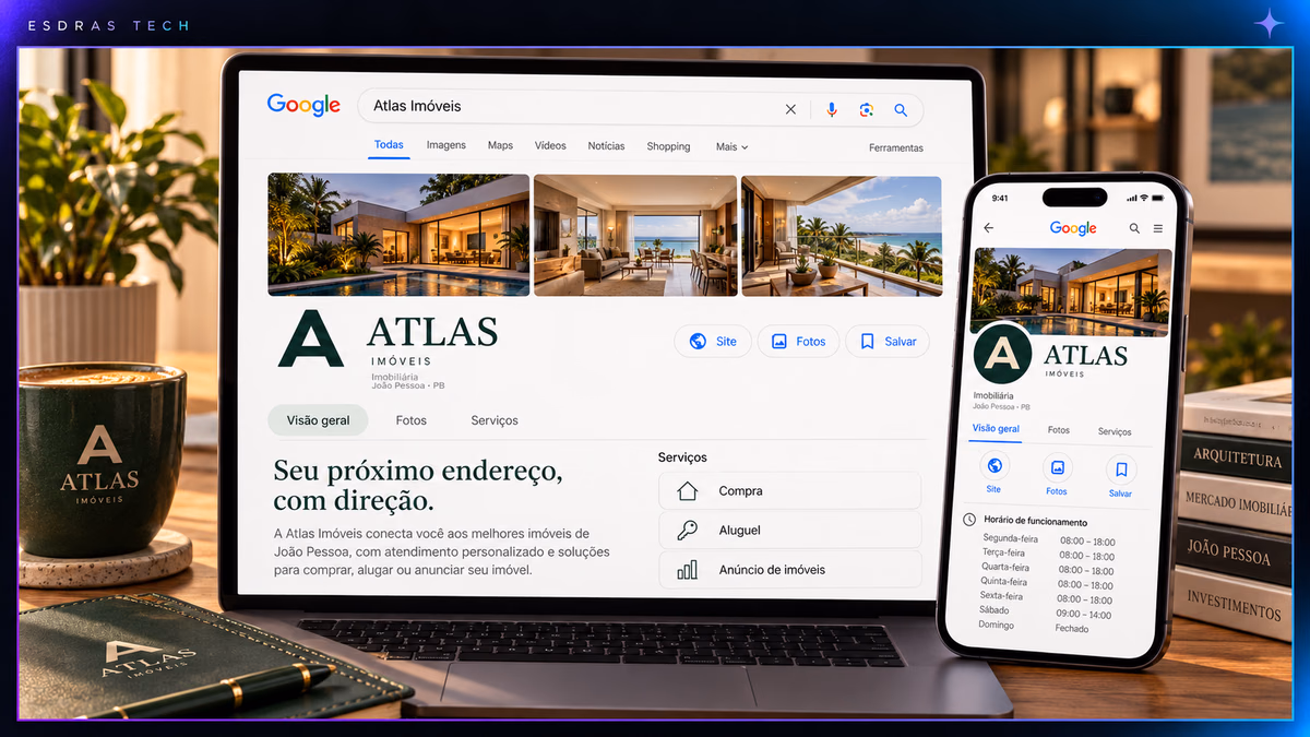 Arte do perfil Atlas no Google, com fotografias de imóveis, serviços e informações da empresa.