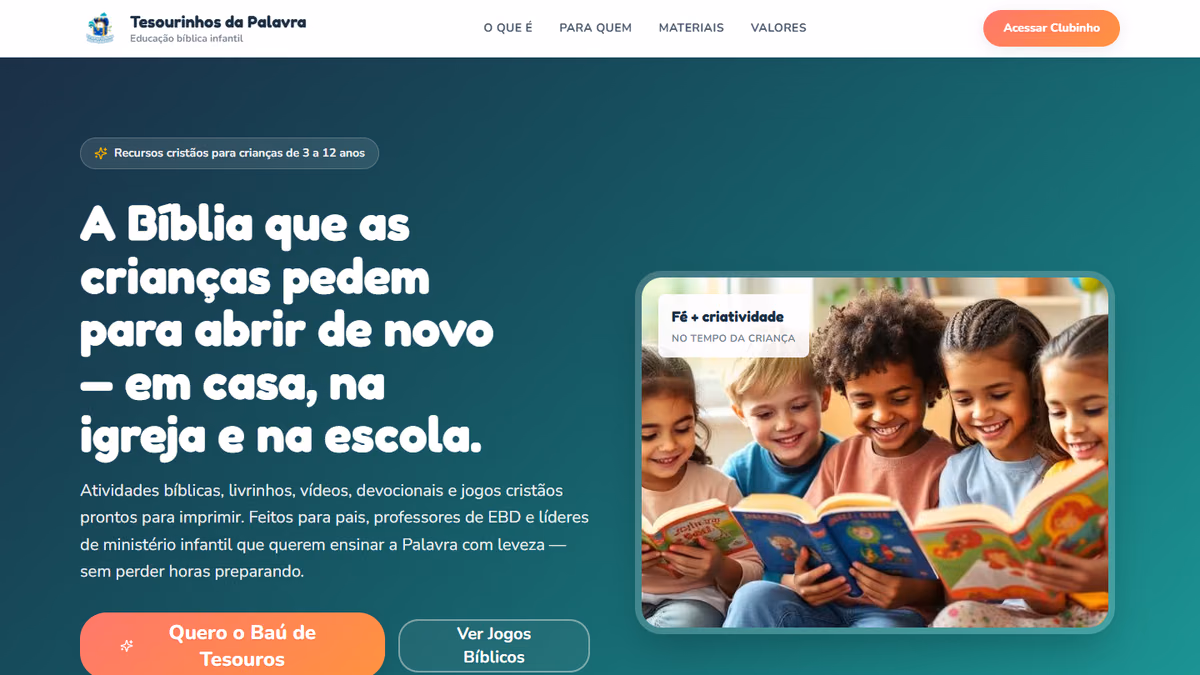 Página da Tesourinhos da Palavra, com materiais e recursos para o ensino bíblico infantil.