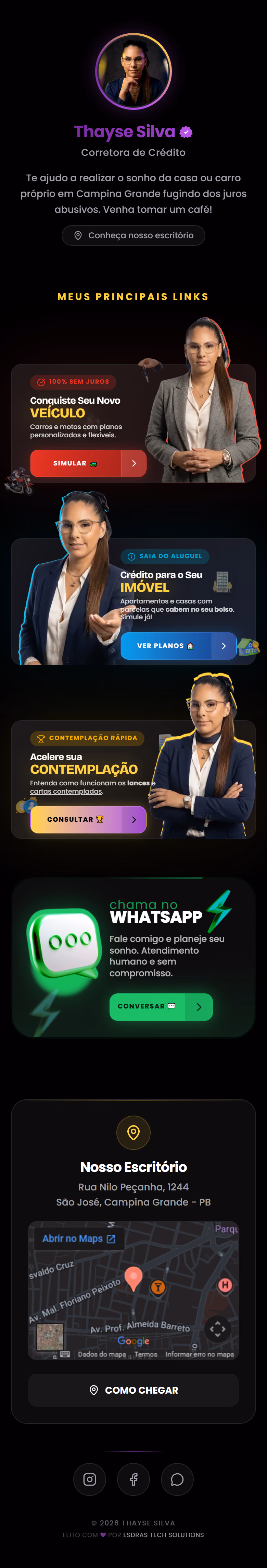 Captura real da página da corretora de crédito Thayse Silva, com apresentação profissional e cards de serviços.