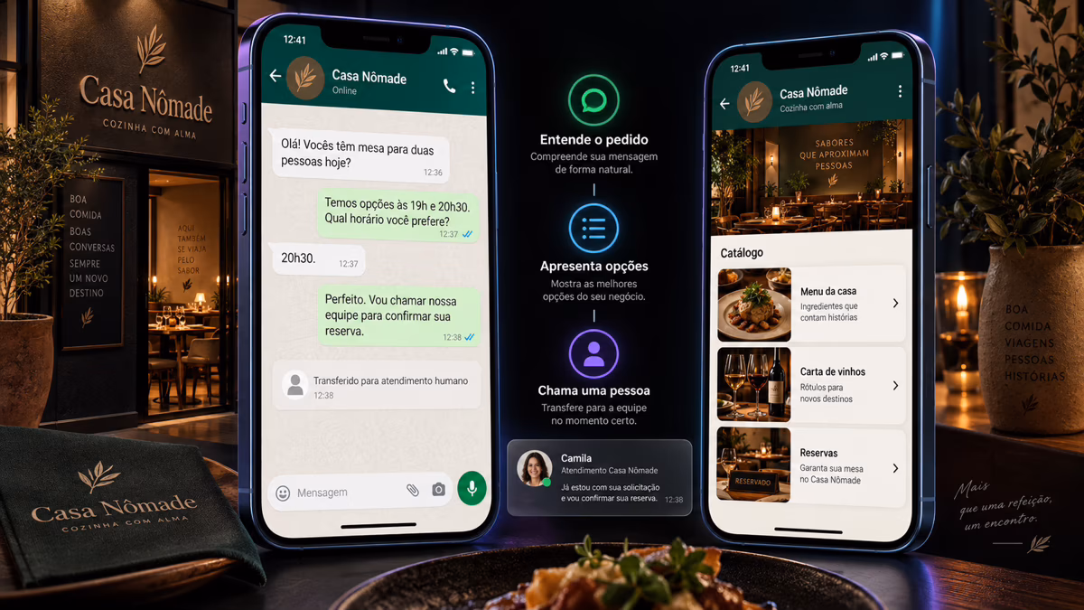 Atendente fictício responde pelo WhatsApp, apresenta catálogo e transfere a conversa para uma pessoa.