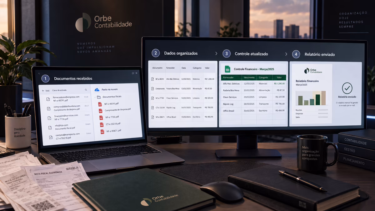 Fluxo administrativo fictício recebe documentos, organiza dados e entrega um relatório.