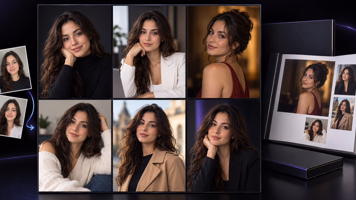 Retratos da mesma pessoa fictícia, fotos de referência e álbum compõem o ensaio.