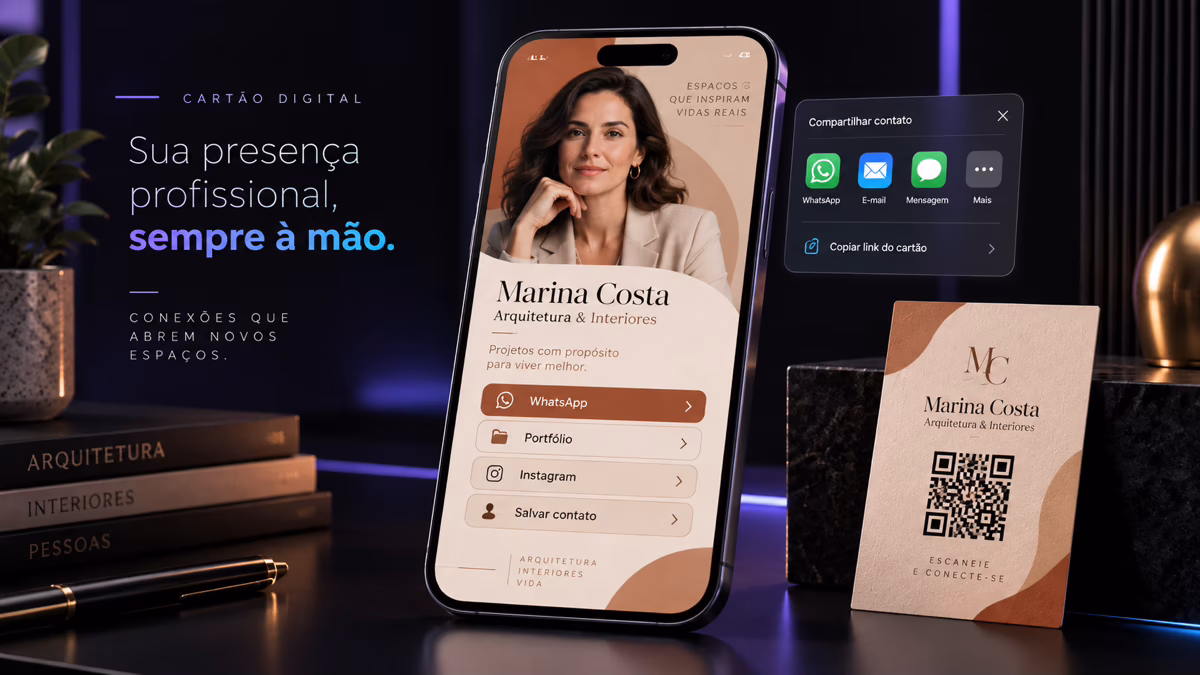 Cartão digital de uma arquiteta fictícia reúne retrato, serviços, contatos, compartilhamento e QR code.