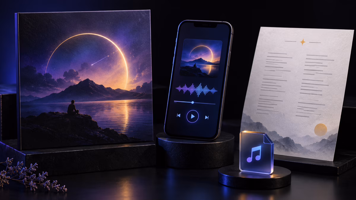 Capa, player de áudio, letra e arquivo compõem a entrega de uma música personalizada.
