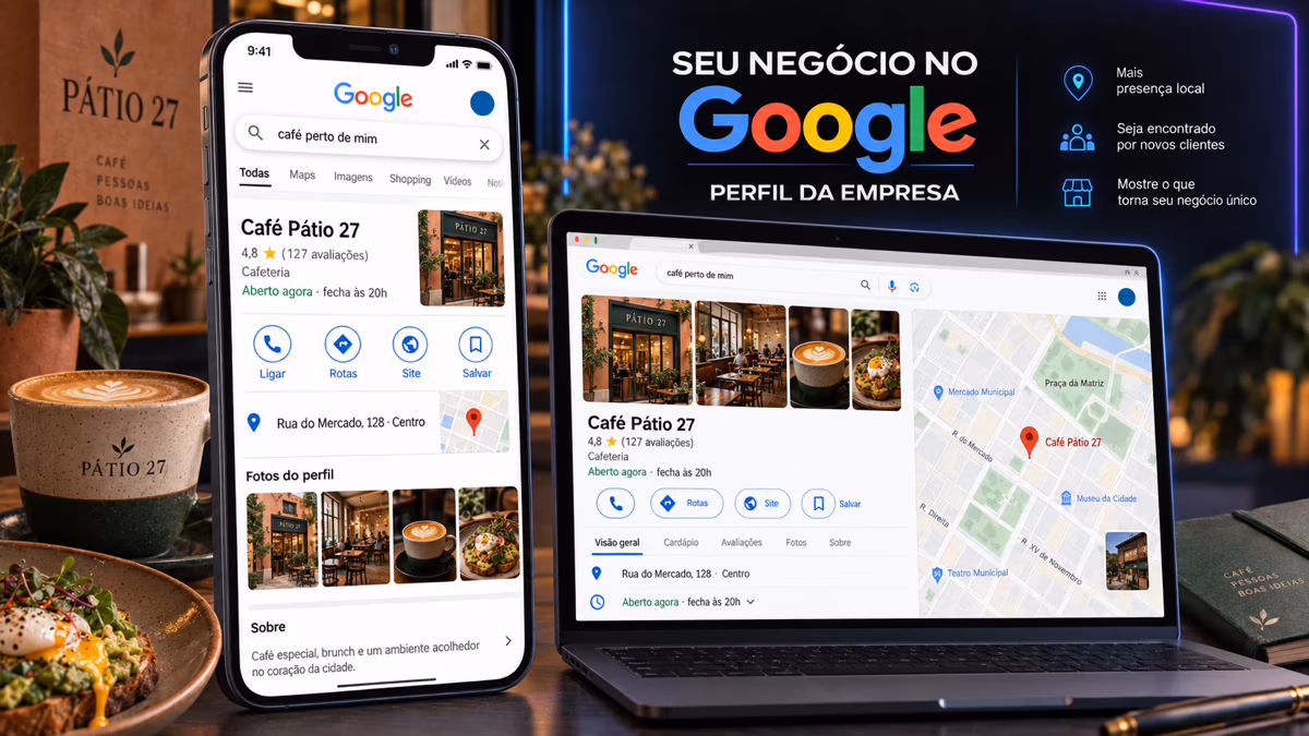 Perfil fictício aparece na Busca e no Google Maps com fotos, horário, localização e ações de contato.