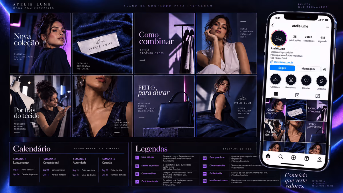 Perfil fictício mostra destaques, feed do Instagram, calendário e legendas.