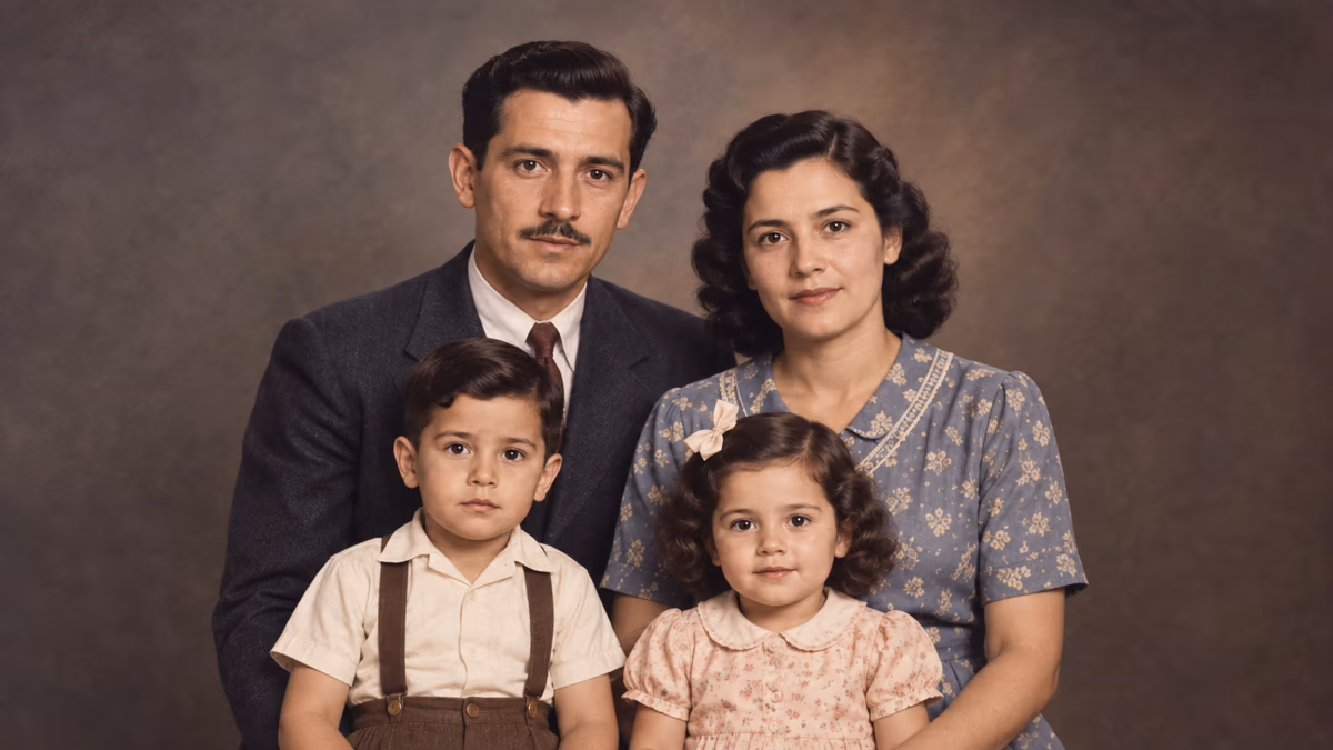 O mesmo retrato familiar restaurado, limpo, nítido e colorizado.